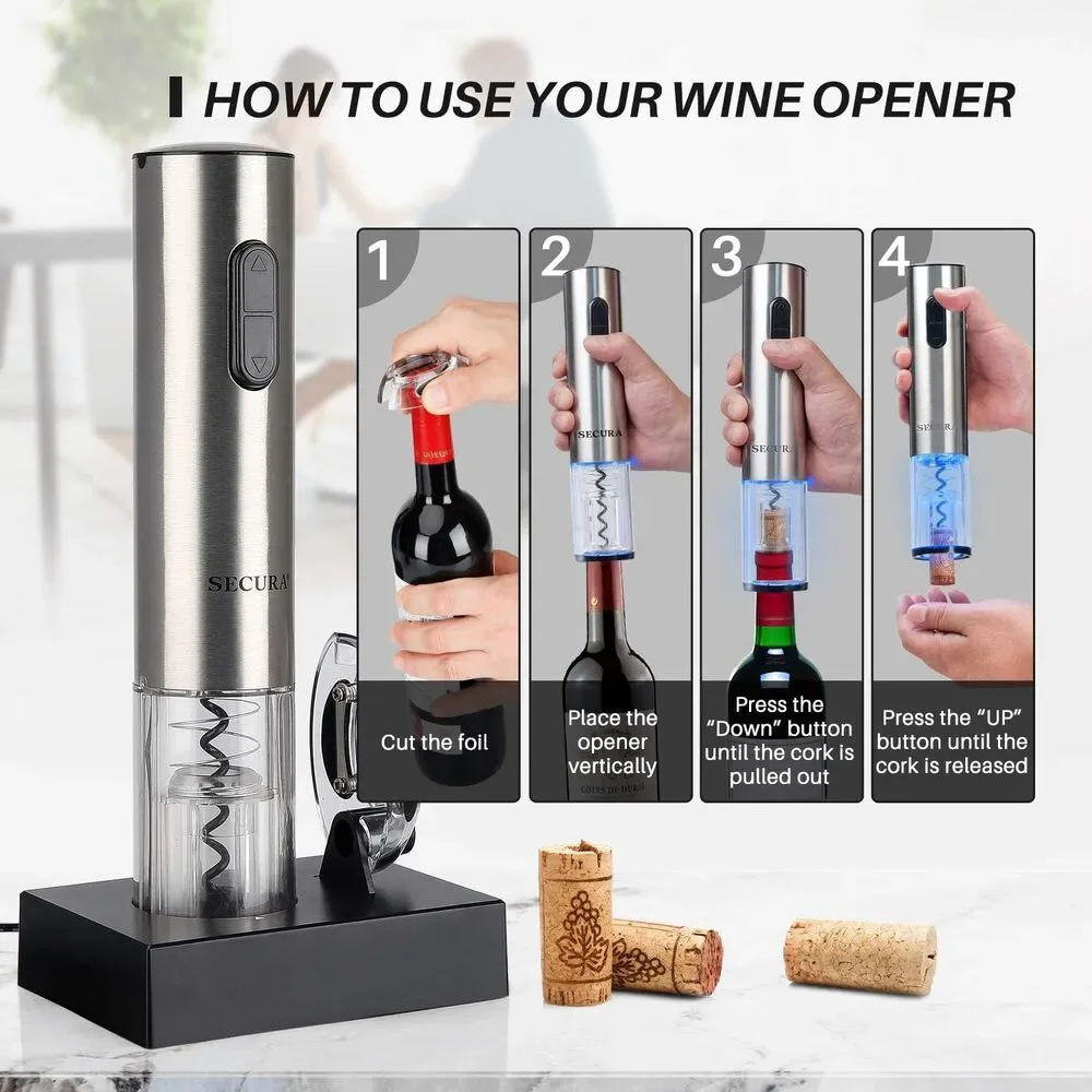 Secura Electric Wine Opener NWT Silver Stainless Steel